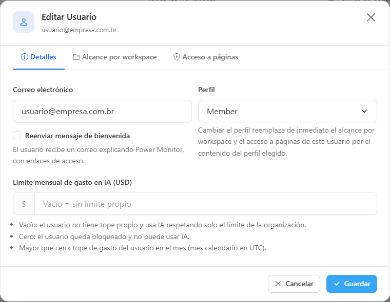 Modal Editar Usuario en la pestaña Detalles