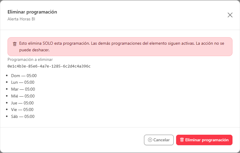 Modal Eliminar programación con el aviso de que solo se elimina esta programación y la lista de horarios que se quitarán