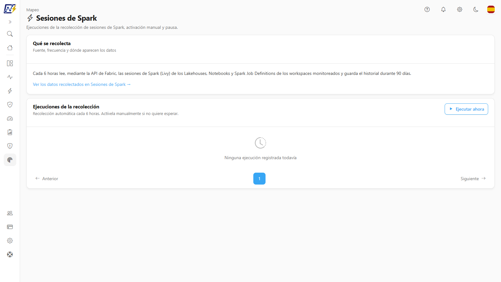 Pantalla Sesiones de Spark con la tarjeta Qué se recolecta y la tarjeta Ejecuciones de la recolección