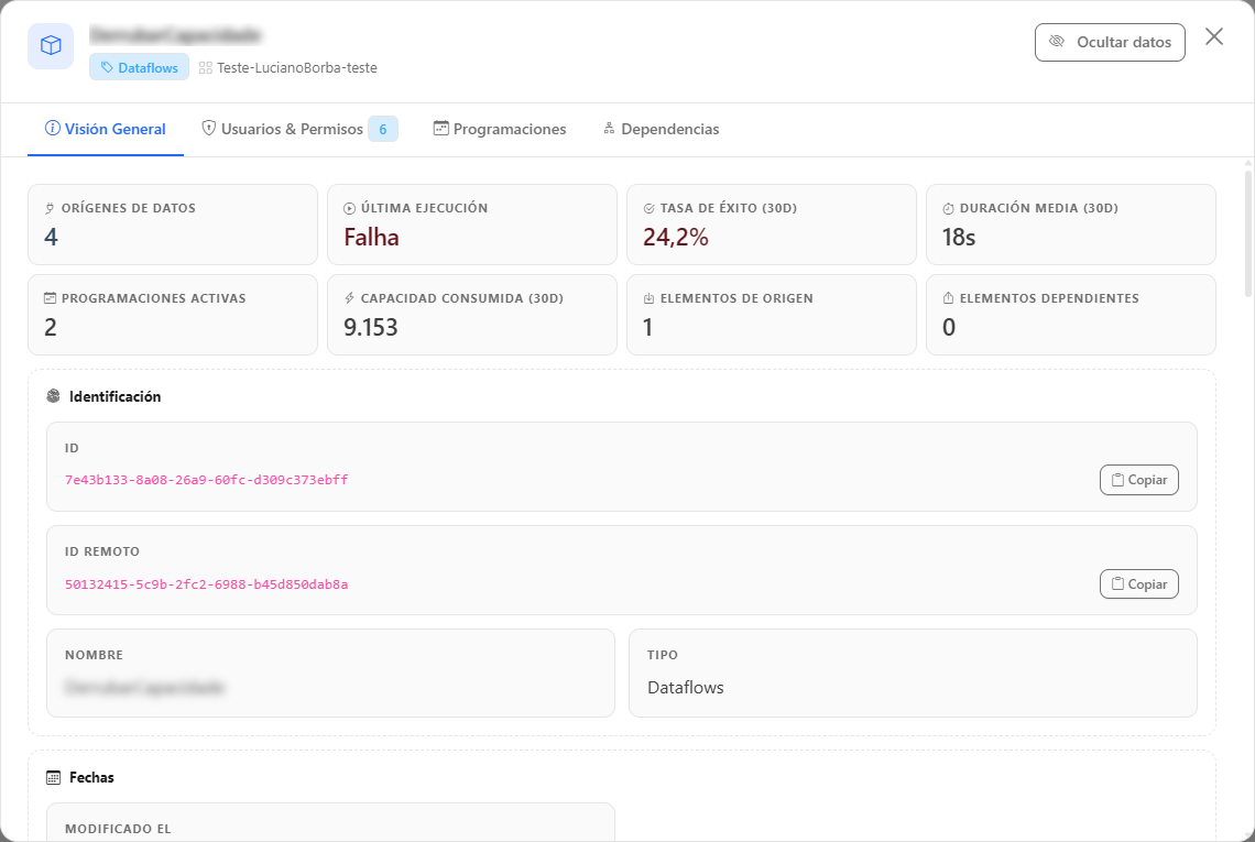 Modal de detalles de un Data Pipeline en la pestaña Visión General
