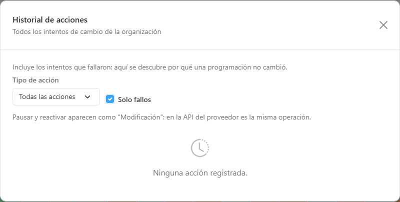 Historial de acciones con la opción Solo fallos marcada