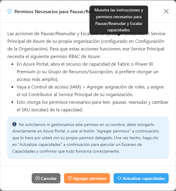 Modal Permisos Necesarios para Pausar/Reanudar y Cambiar el Tamaño