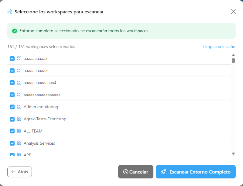 Lista de workspaces con contador de selección y botón Iniciar Escaneo Filtrado