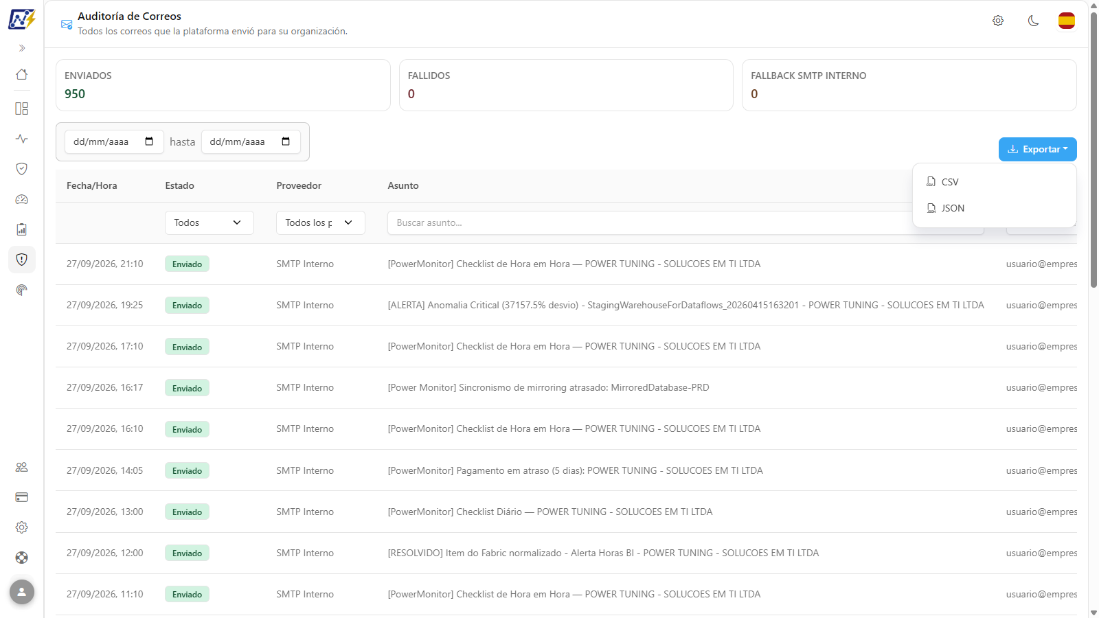 Menú Exportar abierto con CSV y JSON